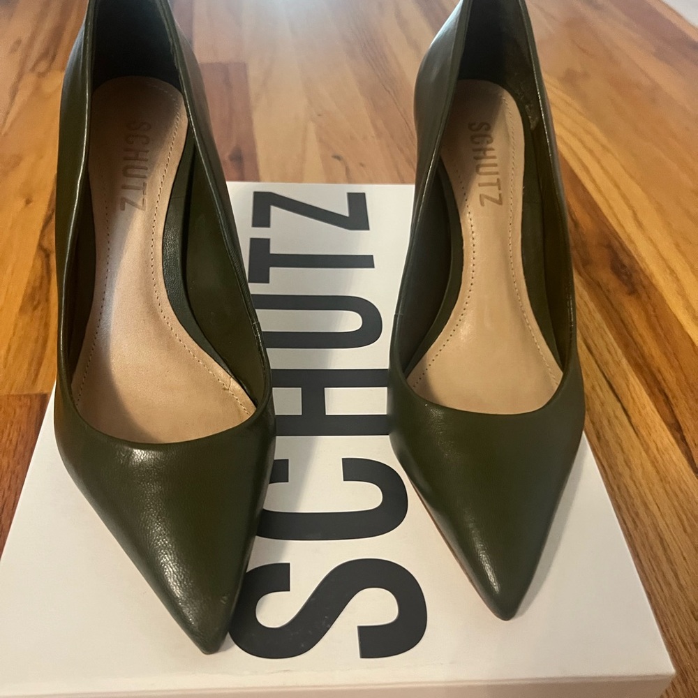 SCHUTZ Army Green Heels with Pointed Toe